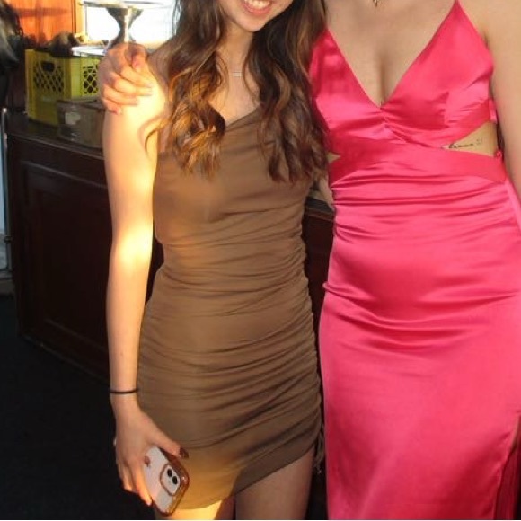 Zara Draped Asymmetric Brown Bodycon Dress - Picture 4 of 4